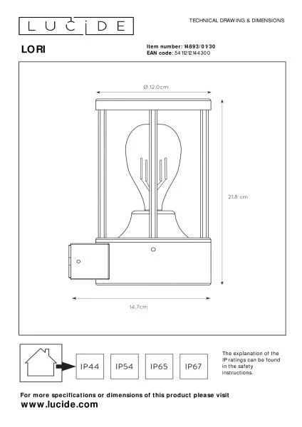 Lucide LORI - Wandlamp Binnen/Buiten - Ø 12 cm - 1xE27 - IP44 - Antraciet - technisch